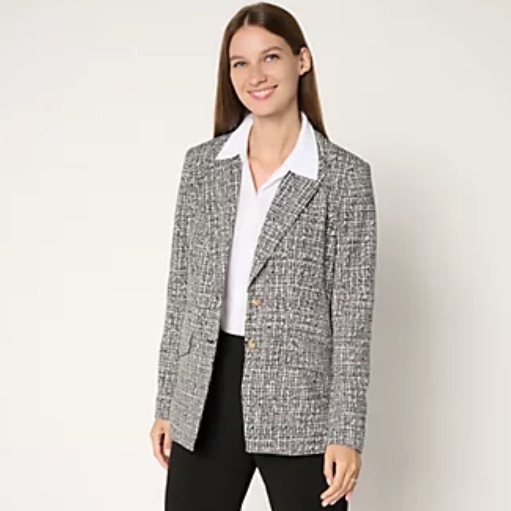 Dennis Basso Petite Luxe Crepe Blazer in Textured Gray/Black Tweed. Size LP. NWT